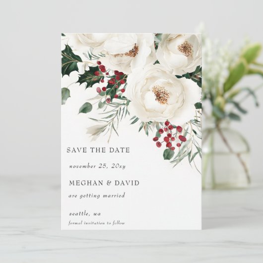 Elegante rood-witte kerstfoto van de winter save the date (Staand voorkant)