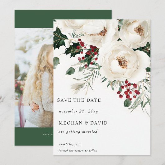 Elegante rood-witte kerstfoto van de winter save the date (Voorkant / Achterkant)