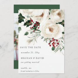 Elegante rood-witte kerstfoto van de winter save the date