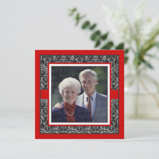 Elegante Rood & Zwart Damast Huwelijksjubileum Kaart (Staand voorkant)
