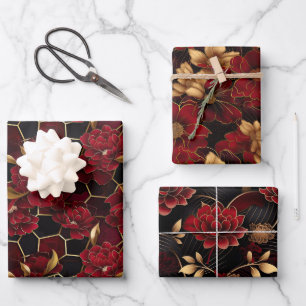 Elegante Rood, Zwart en Goud Bloem Motief Marmer P Inpakpapier Vel