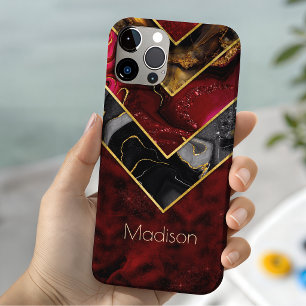 Elegante rood zwart goud vrouwelijk geometrisch iPhone 15 case