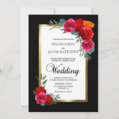 Elegante Rood Zwart Gouden Bloem Bruiloft Kaart (Voorkant)