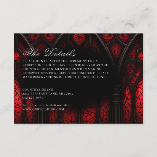 Elegante rood & zwart kathedraal gotische bruiloft informatiekaartje (Voorkant)