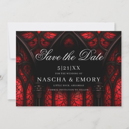 Elegante rood & zwart kathedraal gotische bruiloft save the date (Voorkant)