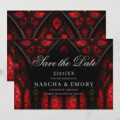 Elegante rood & zwart kathedraal gotische bruiloft save the date (Voorkant / Achterkant)
