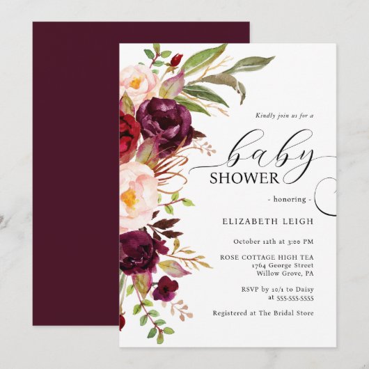 Elegante roodbloemige babyshower uitnodiging (Voorkant / Achterkant)