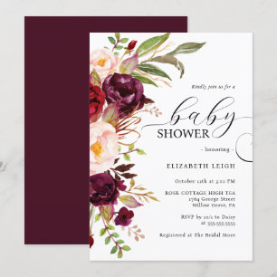 Elegante roodbloemige babyshower uitnodiging 
