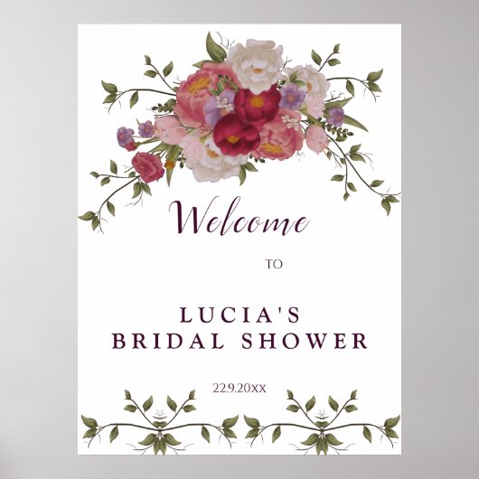 Elegante roodbloemige bruiloftswelkom  poster (Voorkant)