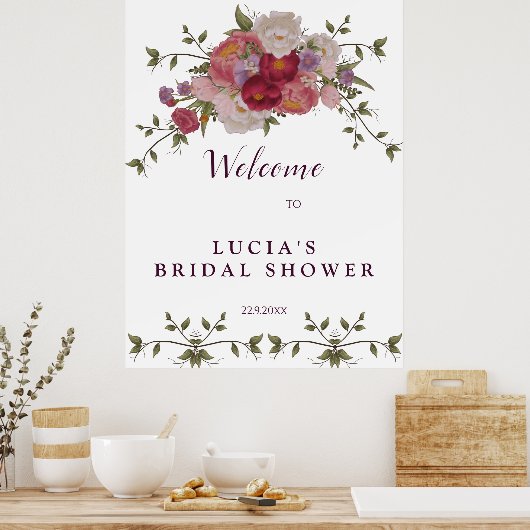 Elegante roodbloemige bruiloftswelkom  poster (Keuken)