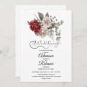 Elegante roodflorale rustieke trouwuitnodiging aankondiging (Voorkant / Achterkant)