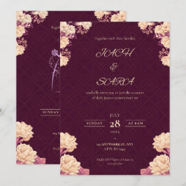 Elegante roodwijn & gouden bloemen bruiloft uitnod kaart