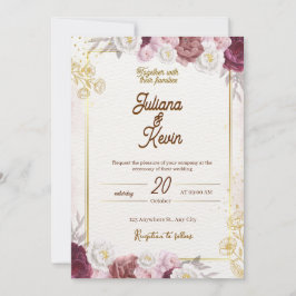 Elegante roodwijn & gouden bloemen bruiloft uitnod kaart