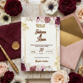Elegante roodwijn & gouden bloemen bruiloft uitnod kaart
