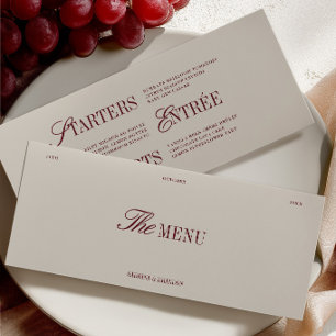 Elegante roodwijn & ivoor trouwdiner menukaart