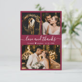 Elegante roodwijnkleurige foto trouwkaarten met da bedankkaart (Staand voorkant)