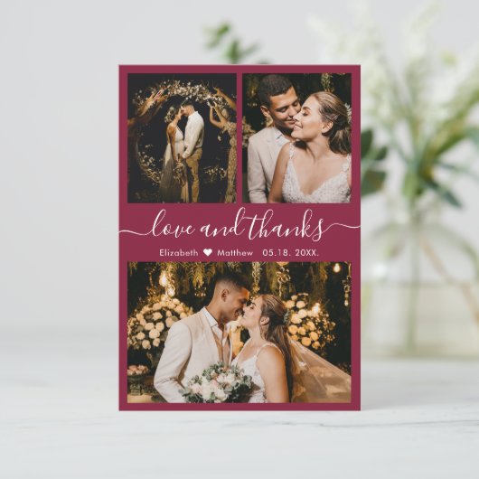Elegante roodwijnkleurige foto trouwkaarten met da bedankkaart (Staand voorkant)