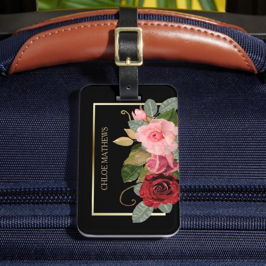 Elegante Roos Bloem Gouden Frame  Bagagelabel (Voorkant Insitu 2)