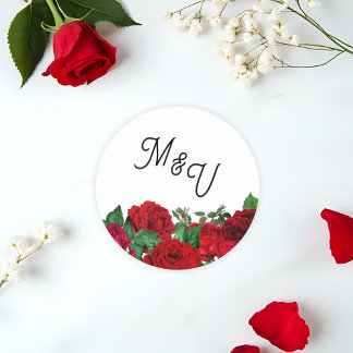 Elegante Roos bruiloft Monogram gepersonaliseerde Ronde Sticker