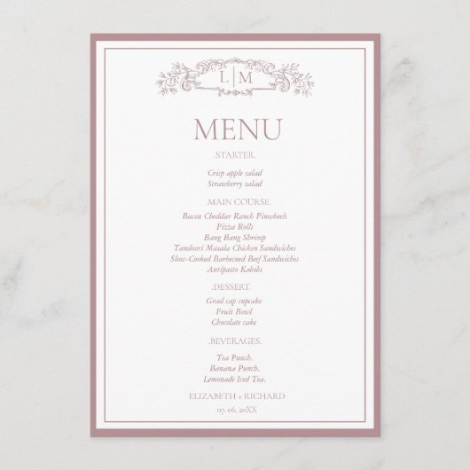 Elegante Roos Crest Botanische Monogram Huwelijk Menu (Voorkant)