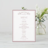Elegante Roos Crest Botanische Monogram Huwelijk Menu (Staand voorkant)