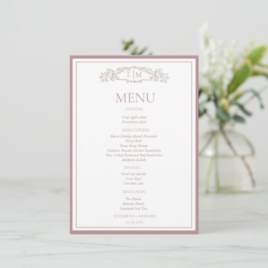Elegante Roos Crest Botanische Monogram Huwelijk Menu (Staand voorkant)