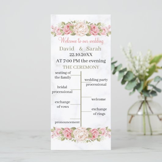 Elegante Roos Flower Custom Wedding Program Kaart (Staand voorkant)