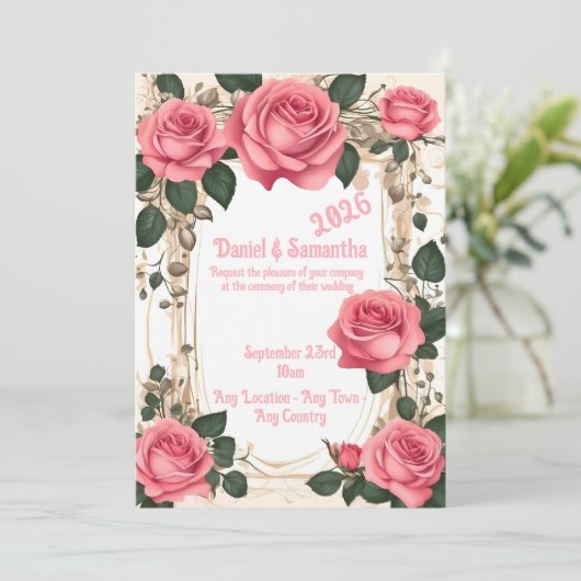 Elegante roos frame sjabloon trouw uitnodiging (Staand voorkant)