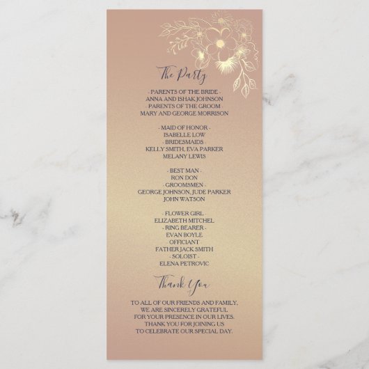 Elegante Roos Gold en Navy Blue huwelijksceremonie Programmakaart (Achterkant)