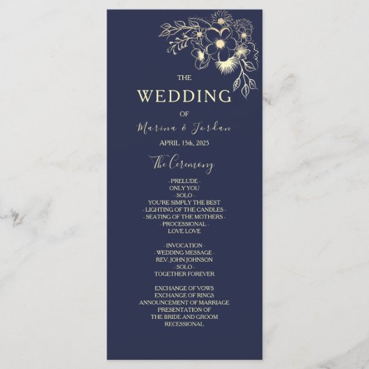 Elegante Roos Gold en Navy Blue huwelijksceremonie Programmakaart (Voorkant)