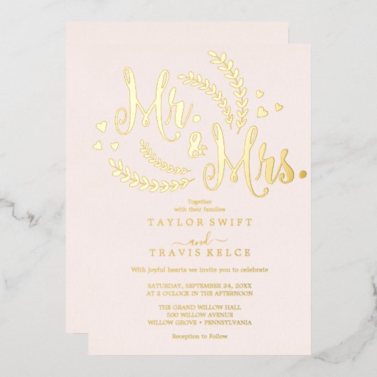 Elegante Roos Gold Foil Blush Wedding Folie Uitnodiging (Voorkant / Achterkant)