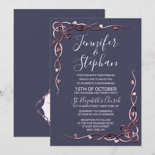 Elegante Roos Gouden Bladderachtige Vines Navy Blu Kaart (Voorkant / Achterkant)