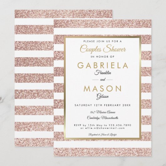 Elegante Roos Gouden Glitter Stripe Paren Douche Kaart (Voorkant / Achterkant)