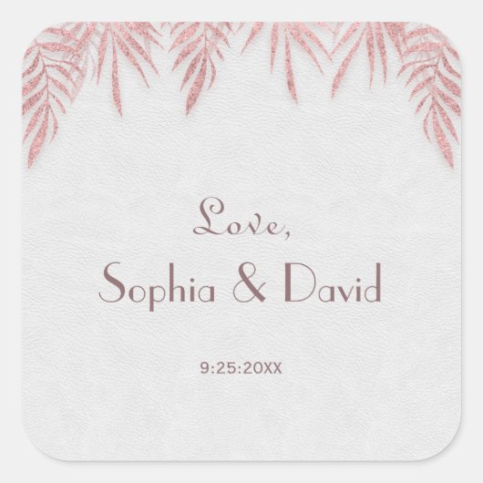Elegante Roos gouden palmbladeren bruiloft Vierkante Sticker (Voorkant)