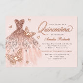 Elegante Roos gouden vlinderjurk Quinceanera Folie Uitnodiging (Voorkant)