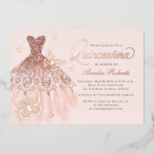 Elegante Roos gouden vlinderjurk Quinceanera Folie Uitnodiging (Voorkant)