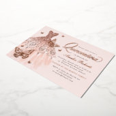 Elegante Roos gouden vlinderjurk Quinceanera Folie Uitnodiging (Gedraaid)