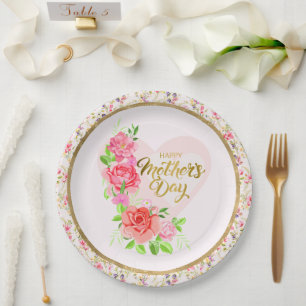 Elegante Roos Hart Gelukkige Moederdag Feest Papieren Bordje