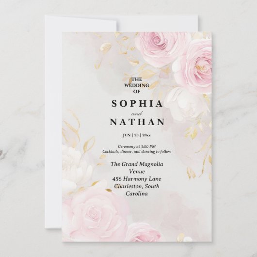 Elegante Roos & Lily Floral bruiloft uitnodiging (Voorkant)