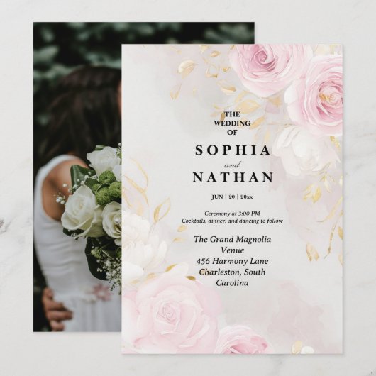 Elegante Roos & Lily Floral bruiloft uitnodiging (Voorkant / Achterkant)