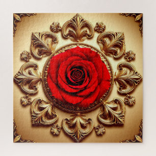 Elegante Roos met Sierlijke Decoratieven Rand Legpuzzel