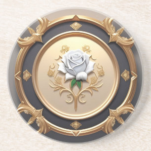 Elegante Roos met Sierlijke Decoratieven Rand Zandsteen Onderzetter