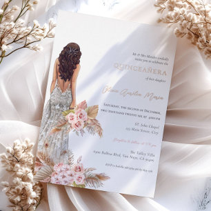 Elegante Roos Pampas Gras Jurk Quinceanera Folie Uitnodiging