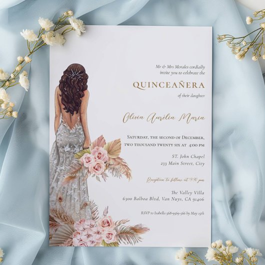 Elegante Roos Pampas Grass Dress Quinceanera Kaart