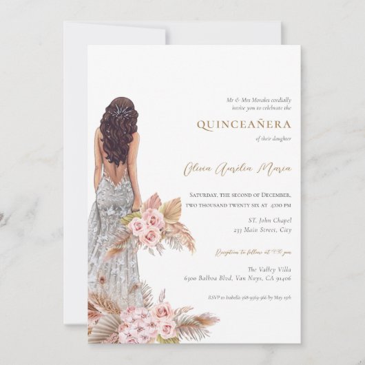 Elegante Roos Pampas Grass Dress Quinceanera Kaart (Voorkant)