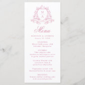 Elegante Roos Quartz Floral Crest Monogram Huwelij Menu (Voorkant)