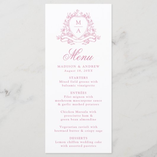 Elegante Roos Quartz Floral Crest Monogram Huwelij Menu (Voorkant)