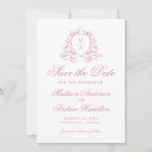 Elegante Roos Quartz Floral Crest Monogram Huwelij Save The Date (Voorkant)