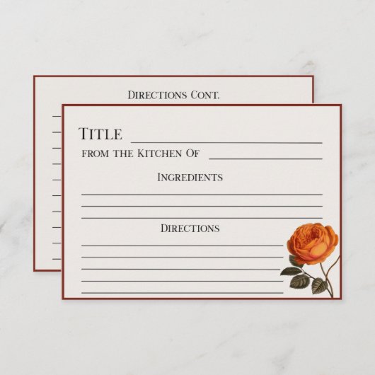 Elegante Roos Recept Kaart-afdrukbare Bloemen (Voorkant / Achterkant)