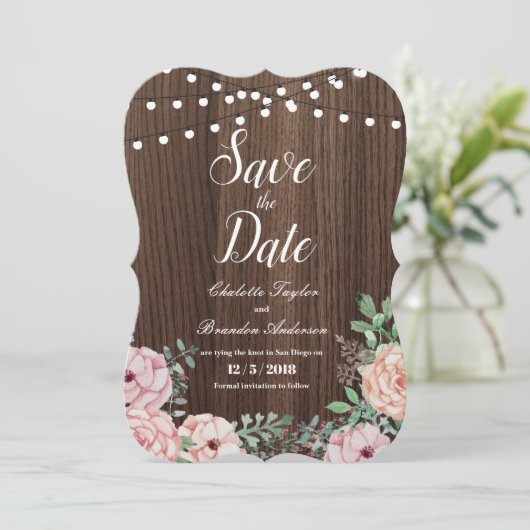 Elegante roos Save the Date kaart- rustic hout (Staand voorkant)